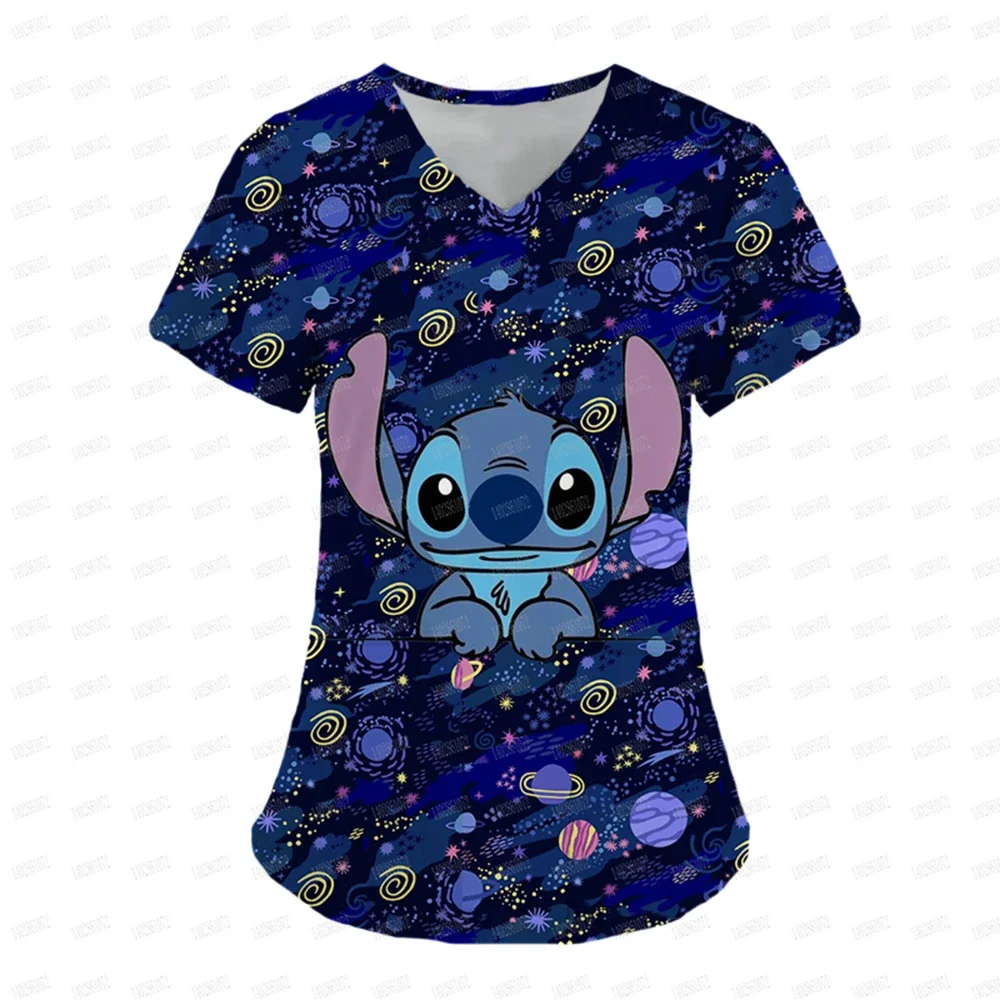 ナース制服トップス V ネック Tシャツディズニーステッチ病院女性服ポケットトップ女性 2025 夏の Tシャツシャツ Tシャツ Tシャツ