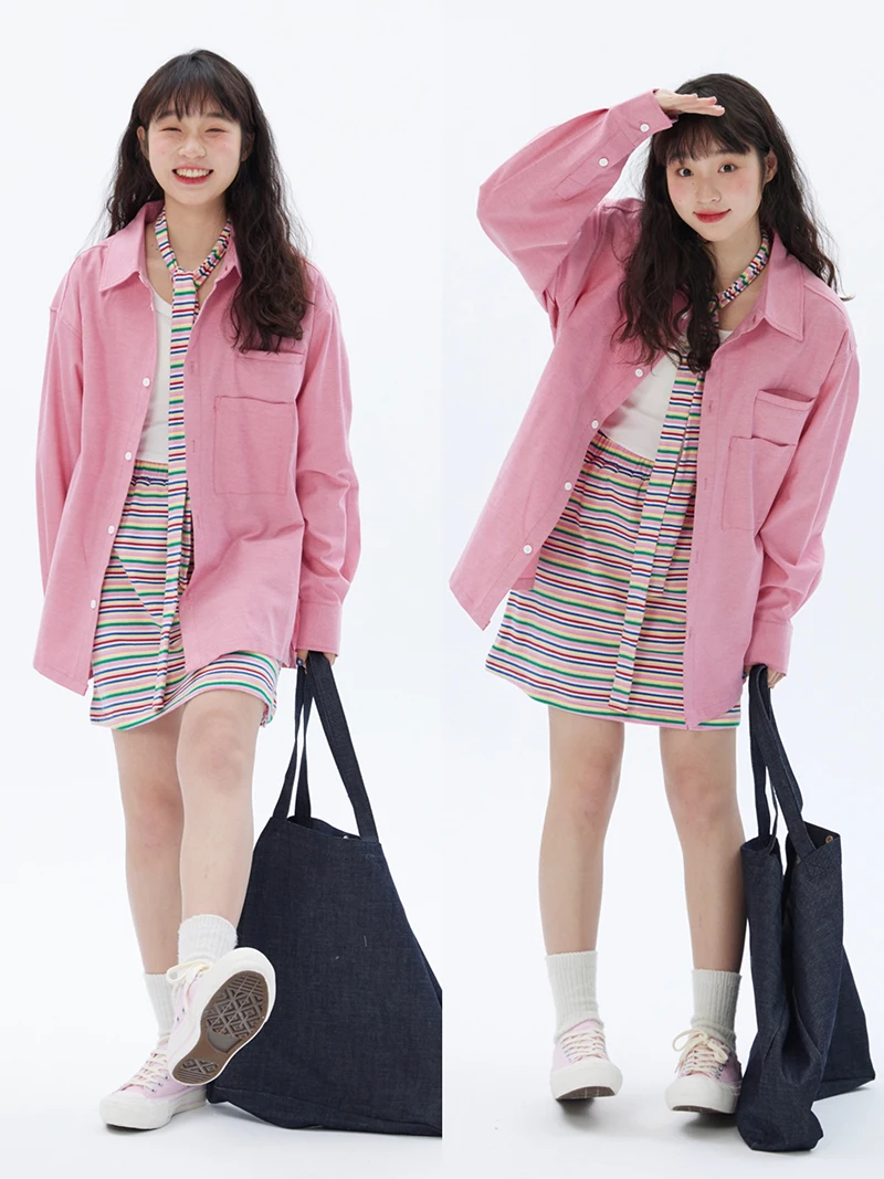 

Розовая длинная свободная женская футболка базового кроя однотонного цвета из смесового хлопка для весны, повседневная универсальная модель для пар