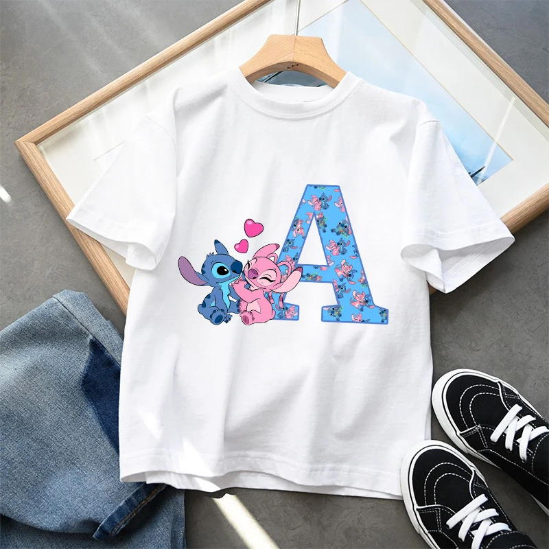 Stitch Disney Kids T Shirt Clothes Tops Children\'s Clothing Letter A-Z Summer Cute Cotton Short Sleeve Tee New Boys Girls Gifts