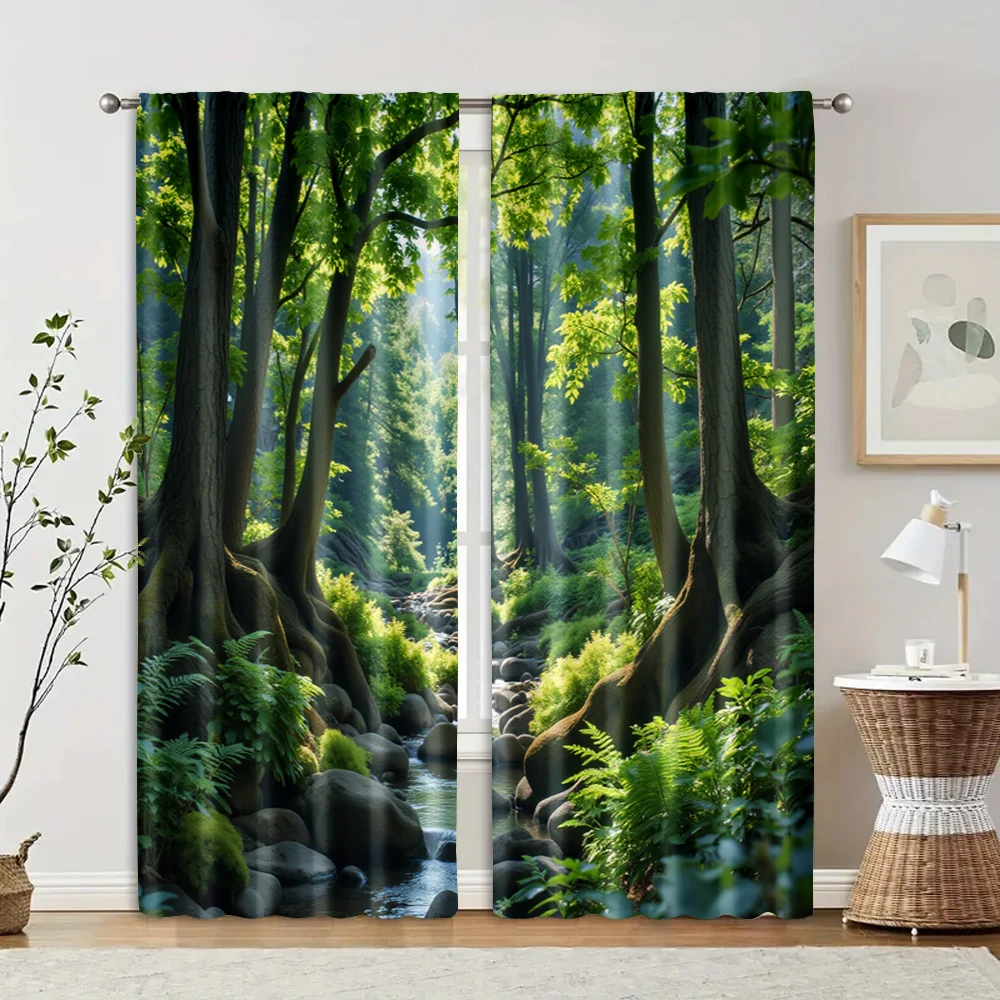 2pcs, Popular Curtain Panels Green Forest Print Versatile 100% Polyester (without rod) All Seasons Use for Kitchen Living Room