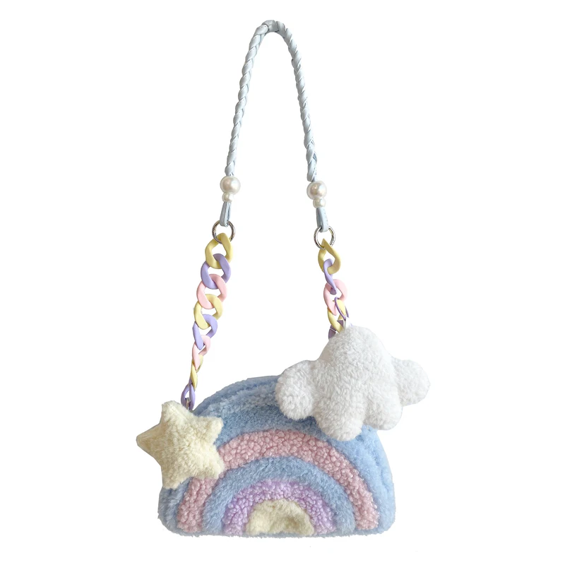 Original Macaron Rainbow Bag Winter Plush Crossbody Bag Cute Girls Handbag Casual Simple Style Detachable Shoulder Strap