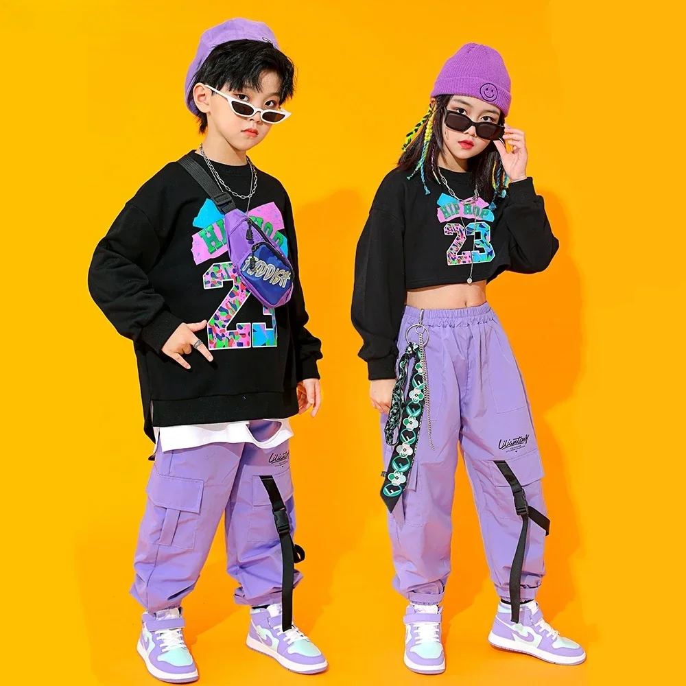 Boy Hip Hop Sweatshirt Solid Color Cargo Pants Girl Crop Top Street Dance Clothes Set Kids Streetwear Outfit Child Jazz Costumes