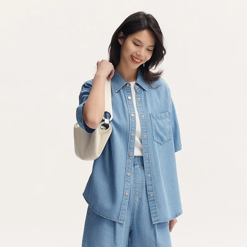 SEMIR-Chemise en Denim pour Femme, Blouse Mi-Longue, Épaules Tombantes, Coupe Ajustée, Manches Courtes, Douce, Décontractée, Nouvelle Collection Été 2024