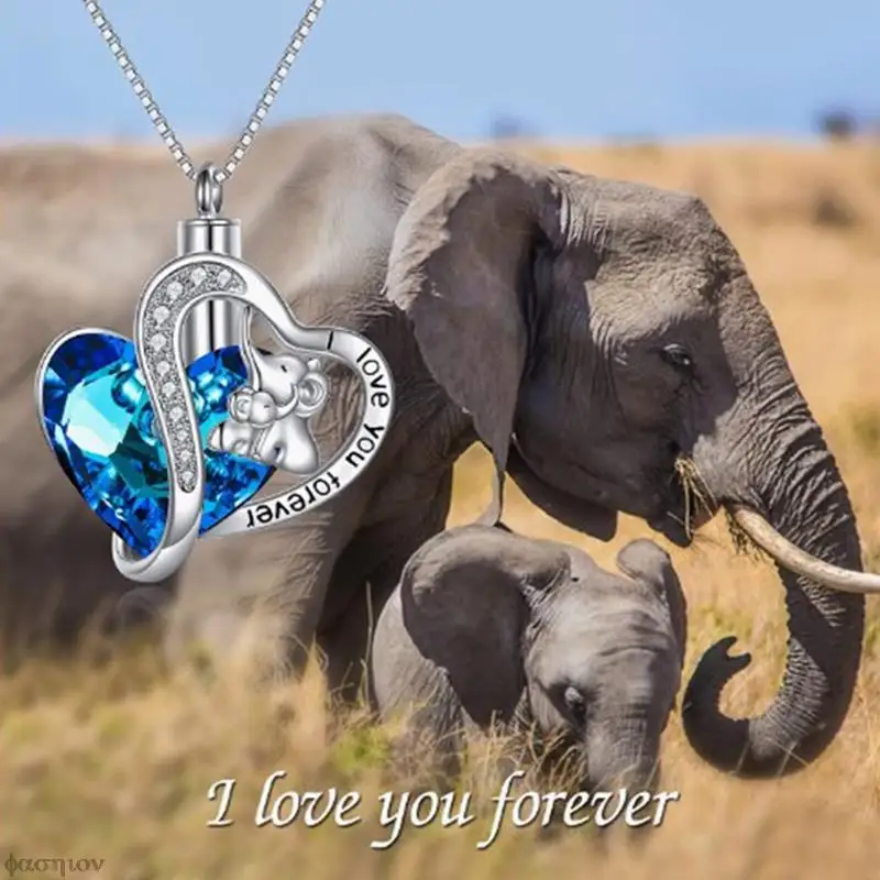 Elephant Double Heart Blue Crystal Pendant Ash Holder Memorial Necklace Fashion Gifts Cremation Urn Necklace For Ashes