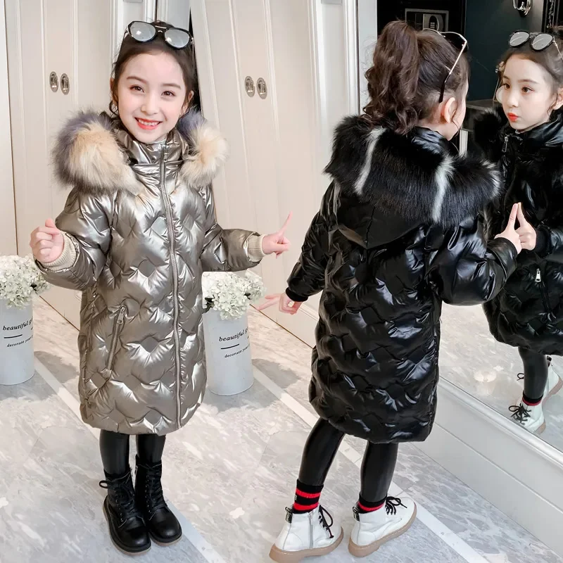 2024 Fashion Girls Clothes Coat Thicken Warm Bright Winter Jacket For Faux Fur Hooded Parkas Children Outerwear Snowsuit