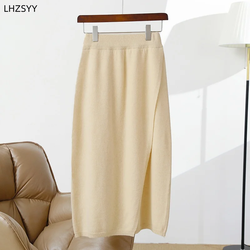 

LHZSYY 100% Pure Wool Skirt Ladies New Autumn Elastic High Waist Long Skirt Fashion Loose Base Skirts Knit Joker Bag Hip Skirts