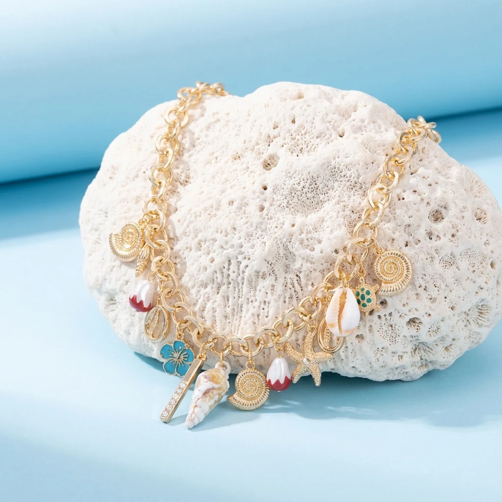 Böhmische Seestern-Muschel-Schildkröten-Anhänger-Halskette für Damen, Punk-Stil, dicke Kette, Blumen-Choker, Charm-Schmuck für den Sommerurlaub – Detail 5