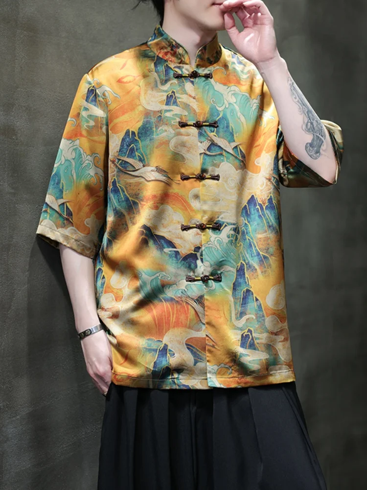 

New Chinese Sle Men's Summer Thin Ice Silk ort Sve irt Loose Large Size Outerwear Hanfu Tang Costume Casual irt
