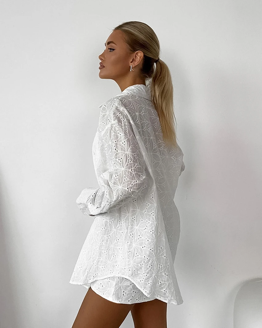 Elegant Jacquard Weave Shorts Two Piece Set Women Perspective White Lapel Shirts+High Waist Shorts Female Cotton 2 Pieces Sets