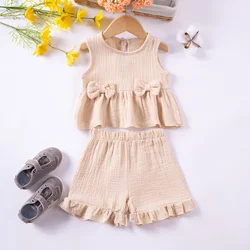 New Summer Girl Baby Set Cotton Solid Color Sleeveless Top and Shorts 2-piece Set Sweet and Cute Bow Decoration Girl Baby Set