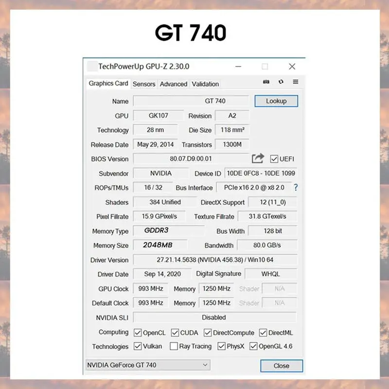 

2025 Новая видеокарта Geforce GT740 2 ГБ GDDR3 128 бит 993 МГц 1250 МГц 28 Нм Pcle X16 2,0 VGA + HD + DVI Прочная видеокарта