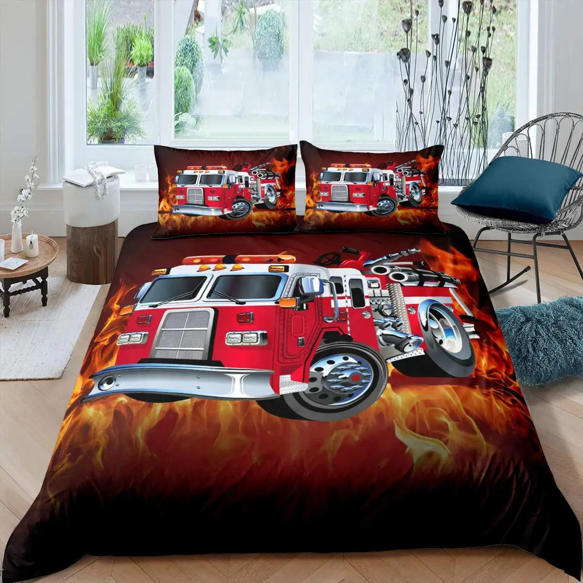 Firefighter Truck Duvet Cover King/Queen Size Red Firemen Car Bedding Set for Kids Boys Girls Fire Engine Polyester Quilt Cover