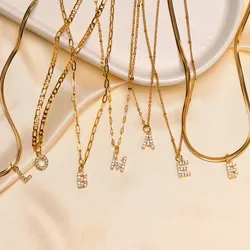 Stainless Steel Zirconia Initial Letter Necklace for Women, A -Z Alphabet Pendant Snake Chain Collar Layered Jewelry