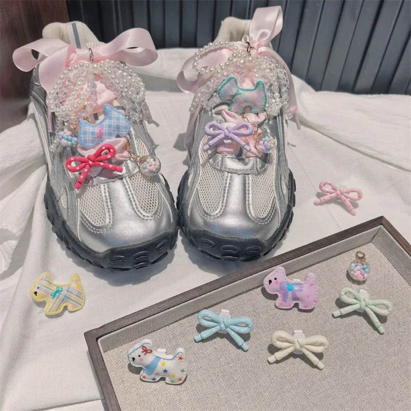 Shoe Charm Crystal Pearl Bow Cartoon Colorful Puppy Dog Shoe Lace Clip for Kids Shoes Premium Lightweight Cute Daily Accessories