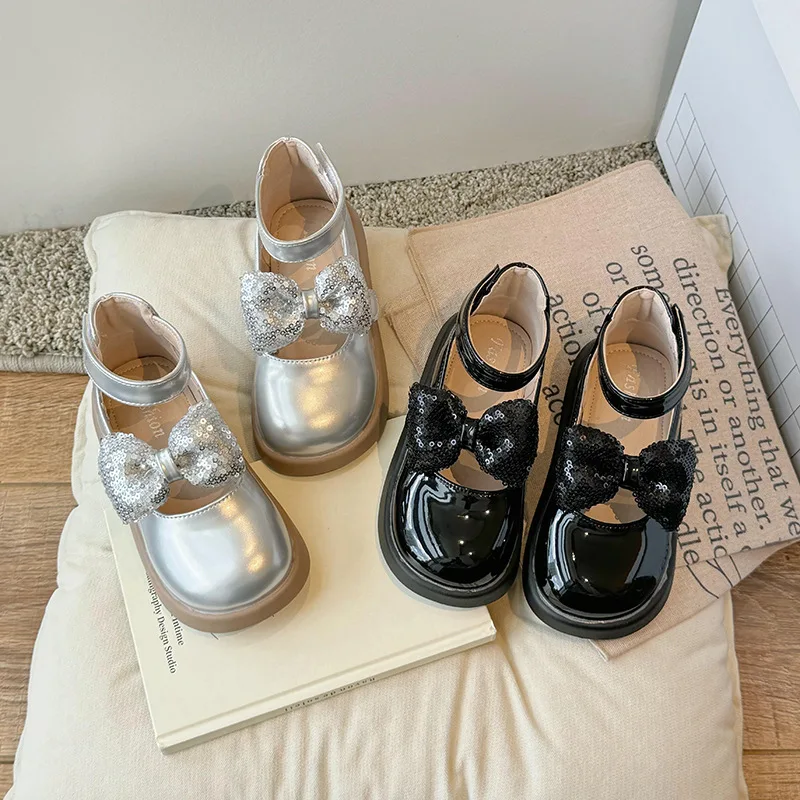 2025 Autumn New British Style Kids Leather Shoes Simple Girls Bow Sequin Princess Shoes Comfort Non Slip Child Performance Shoes