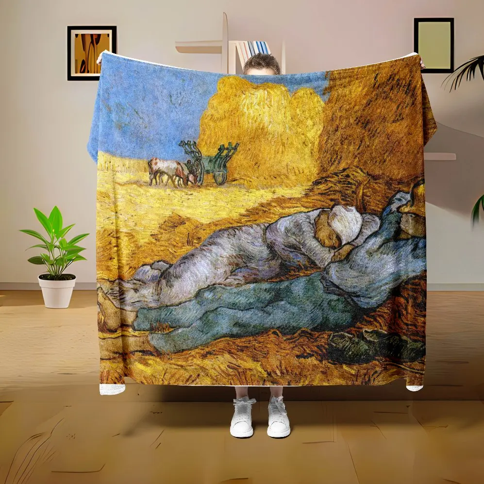 Flannel  Family Blanket Landscape Van Gogh art painting Throw Home Sofa Lunch Break Blankets Children Student Blankets Nap Gifts