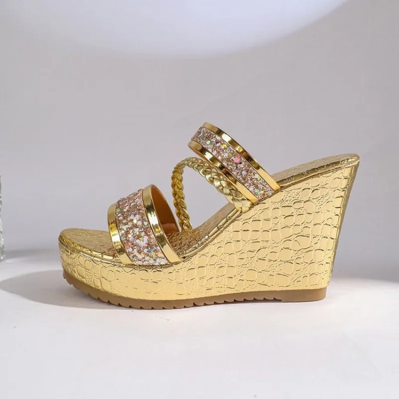 36-42 Plus Size Shoes for Women Summer Round Toe Platform Wedge Slip on Sequin Fashion Slippers Party Evening Dress Sandals view 6