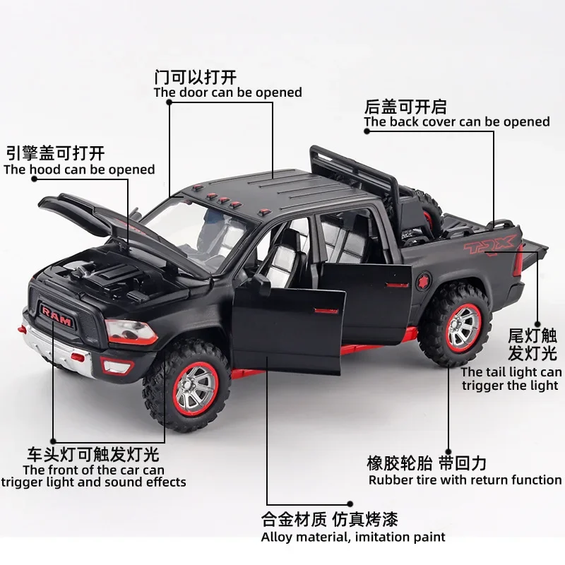 1:32 Dodge Ram TRX Pickup Alloy Car Model Diecasts Toy Off-road car Model Sound and Light Simulation Childrens Toy Gift E103