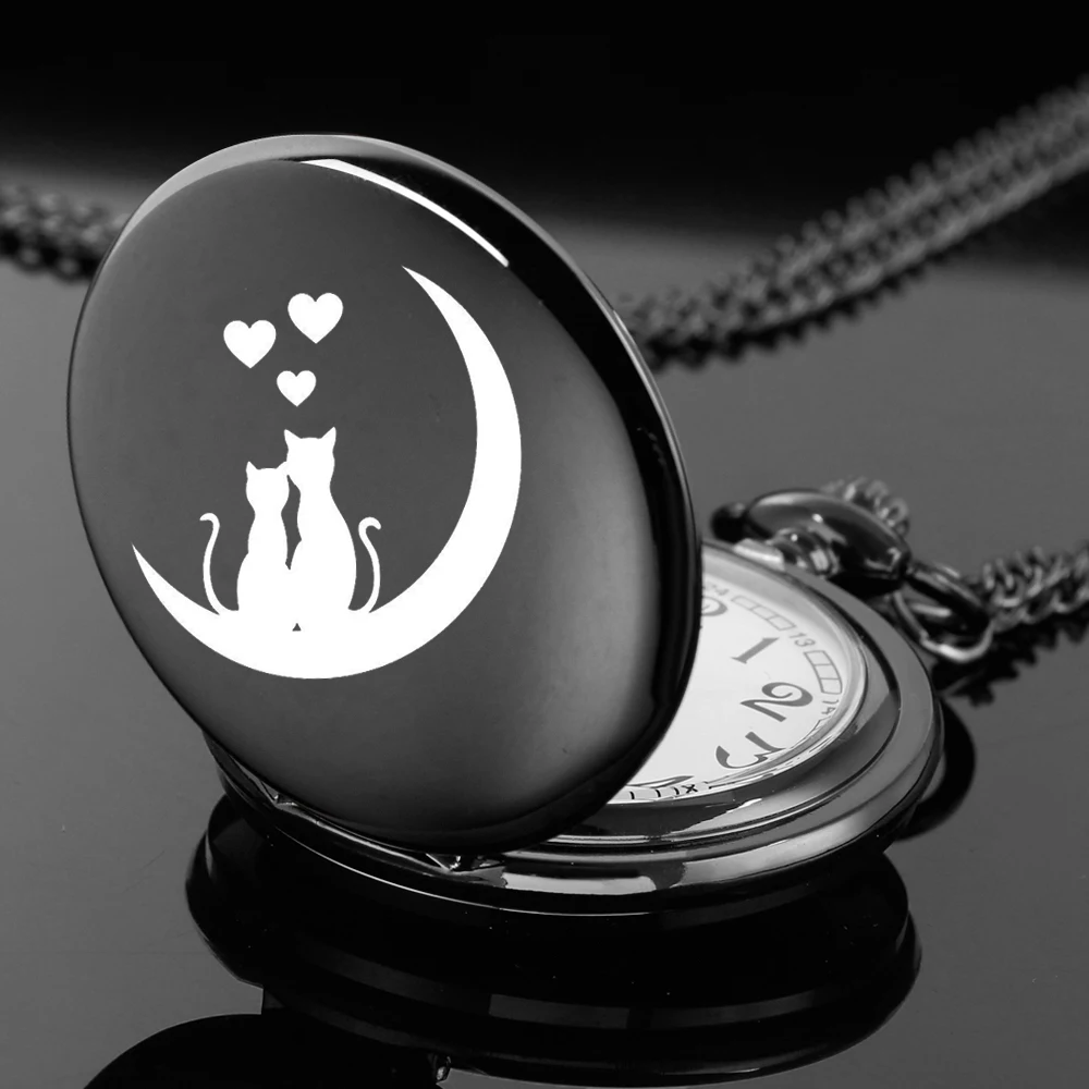 Creative Moon Cats Love Engraved Pocket Watch, Roman Numerals Pocket Watch Womens Mnes Pendant Necklace Watches Unique Gifts