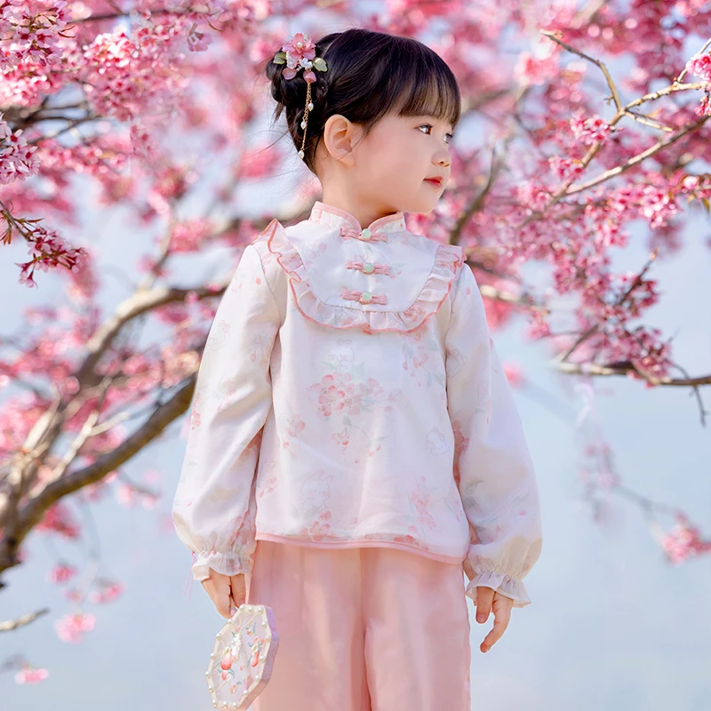 مجموعة ملابس على الطراز الصيني هانفو للفتيات الصغيرات ، بدلة تانغ محسنة للأطفال ، بنطلون وردي ، ملابس قديمة للفتيات الصغيرات ، الربيع والخريف