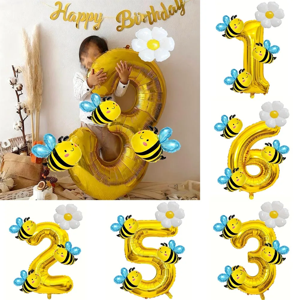 Mini Bee Daisy, Juego de Globos de Número Dorados de 32 Pulgadas, Globo de Flor Daisy para Decoración de Fiestas de Cumpleaños con Temática de Abejas, Regalos DIY