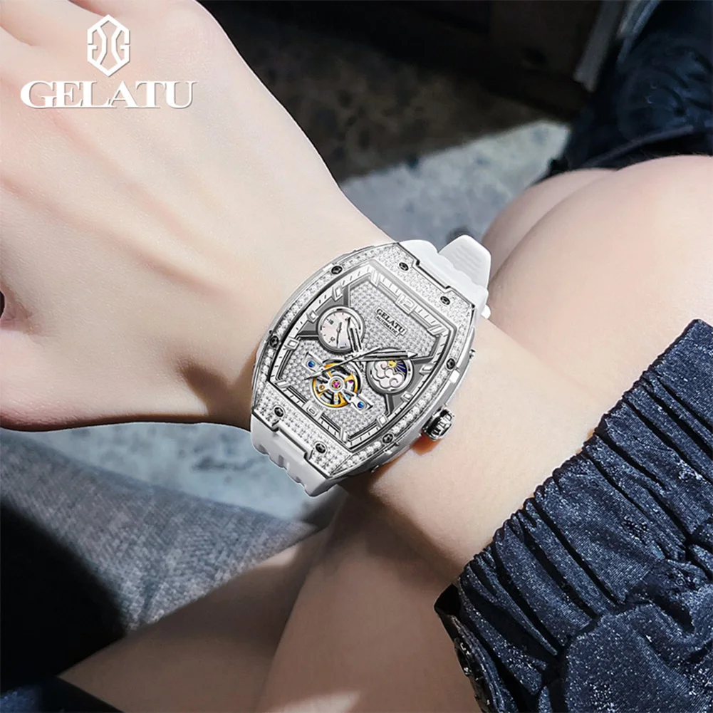 GELATU Women's Watches Luxury Elegant White Silicone Strap All Diamond Tonneau Dial Original Automatic Mechanical Wristwatch New