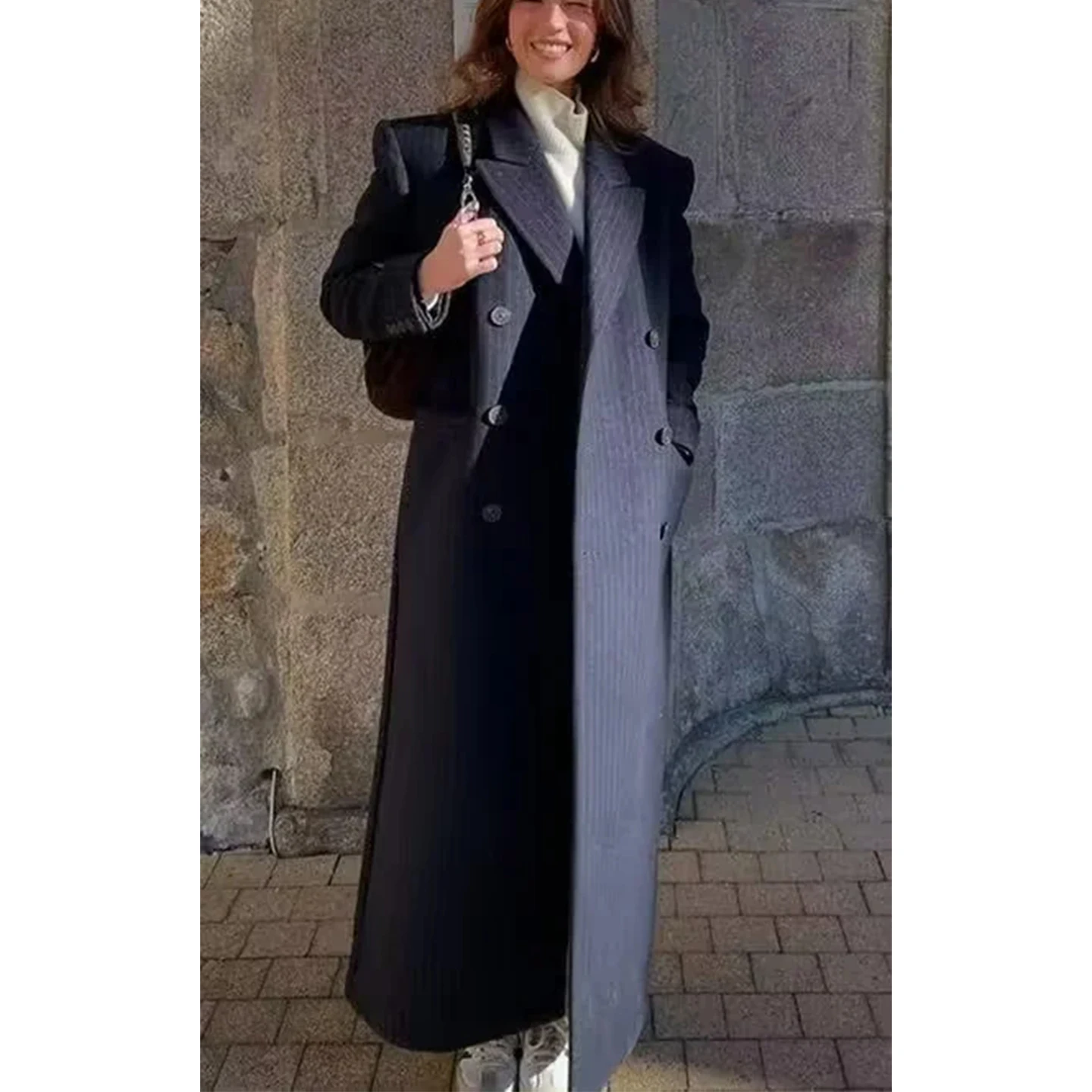 Zimowy Nowy Model Damski Luźny Płaszcz Wełniany w Paski z Kołnierzem i Długim Rękawem, Odzież Wierzchnia do Pracy, Poliester...