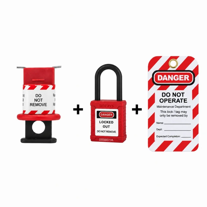 LOTO Energy Isolation Kit, Wide Pin Out MCB Breaker Lockout, OSHA Approved Insulated Lock, Padlock & Danger Tag Set