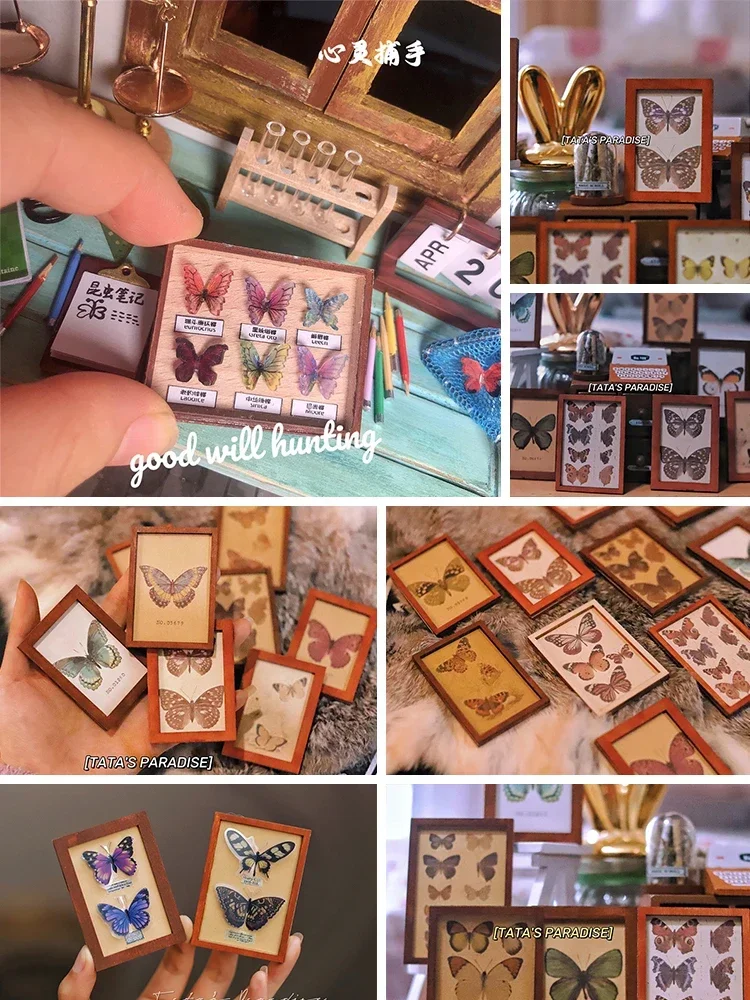 Fotos enmarcadas Vintage en miniatura, espécimen de mariposa, accesorios para casa de muñecas, marco de fotos de pared, cuadro colgante, decoración