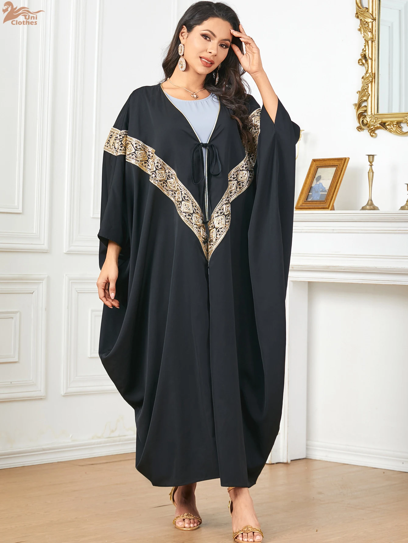 ชุดอาบายะห์หรูหราแบบเปิดสำหรับผู้หญิงมุสลิม ชุดคาฟตันสไตล์โมร็อกโก แขนทรงปีกค้างคาว แฟชั่นทันสมัย สง่างาม ทรงหลวม ชุดราตรียาว