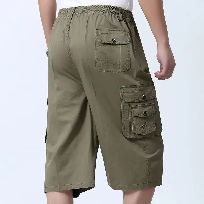 

Мужские хлопковые шорты-карго с несколькими карманами, эластичной талией, свободного кроя, повседневные, длиной до колена, для мужчин среднего возраста