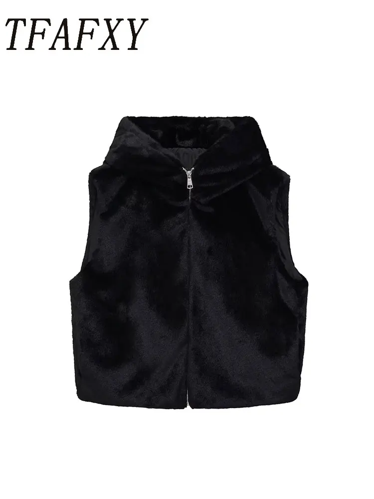 

TFAFXY Women Faux Fur Sleeveless Coat 2025 Autumn Winter Hooded Loose Jacket Female Short Waistcoat Coat Y2K