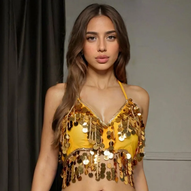 Belly Dance Sequin Tassel Crop Tops for Women V-neck Halter Chest Pads Lace Up Dancing Class Stage Costumes Accessories