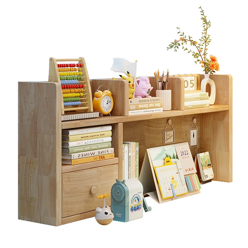 Solid wood desktop shelf, multi-layer children's bookshelf on desk, home study table, bookcase with drawer storage, low cabinet