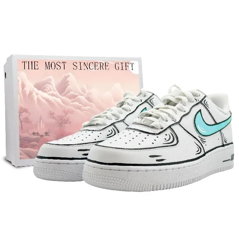 

[Custom Cartoonist LAN SBOX] Мужские низкие туфли для скейтборда Nike Air Force 1, синие