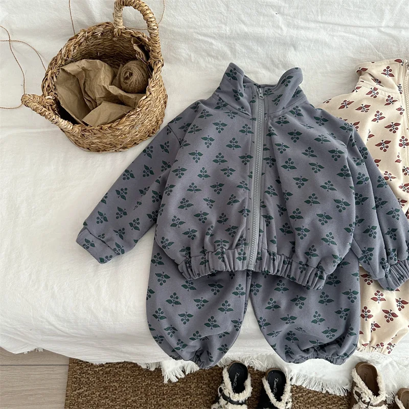 الغزلان جونمي 2025 الخريف جديد الكورية نمط الأطفال مجموعات بلوزات مطبوعة معطف السراويل 2 قطعة الصغار الاطفال ملابس غير رسمية