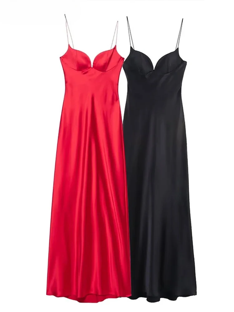 فستان نسائي طويل مثير من الساتان بياقة مربعة سادة بدون أكمام وظهر مكشوف فساتين صيفية للسيدات للحفلات المسائية #1