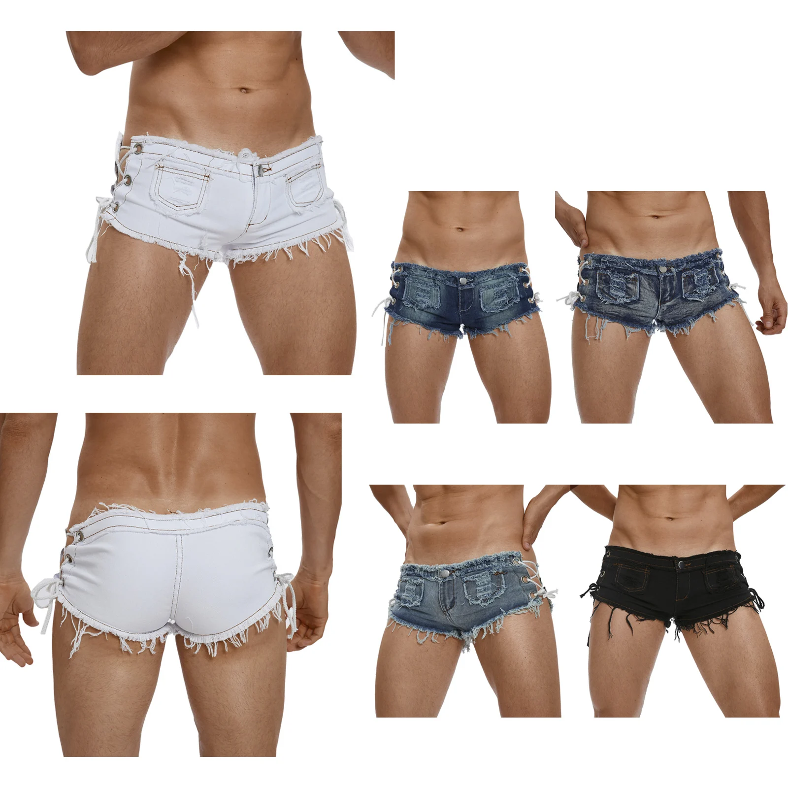 

Mens Raw Hem Ripped Micro Denim Shorts Side Lace-up Hollow Out Low Waist Distressed Frayed Jeans Hot Pants for Rave Dance Party