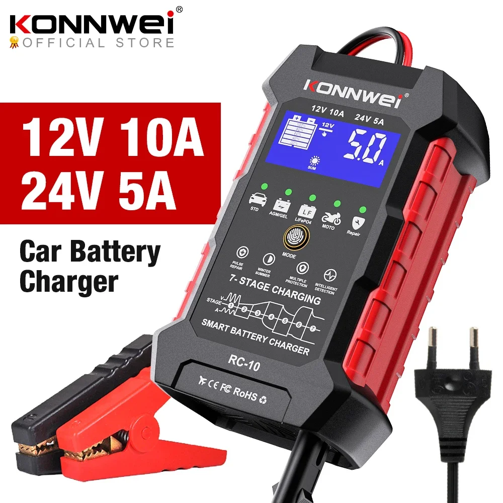 

KONNWEI RC-10 12V 10 A 24V 5A Car Battery Charger Full Automatic Fast Charging Pulse Repair Battery Charger Lead Acid AGM Gel