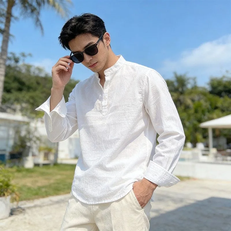 

White Long Sleeve Henry Collar Shirt Men's Style Autumn Fashion High End American Cotton Linen Blend Breathable Summer Wear