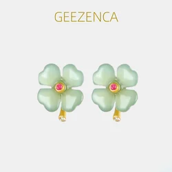 GEEZENCA S925 Silver Gold Plated Natural Jade Jasper Four-leaf Clover Stud Earrings For Women Trendy Romantic Small Earring Gift