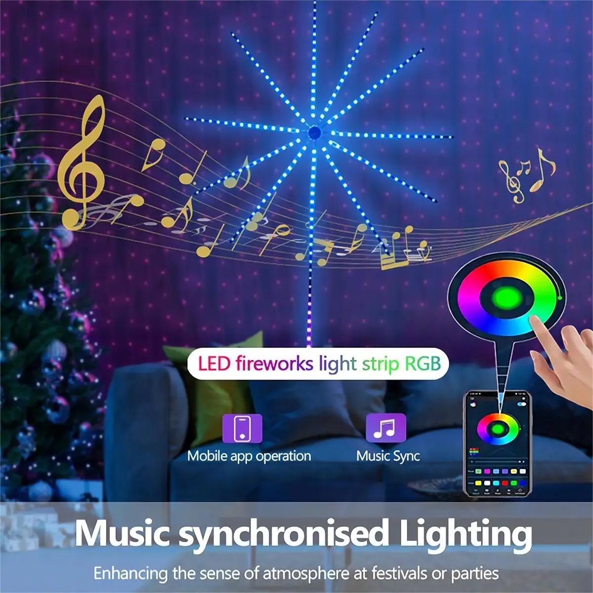 LED Phantom Fireworks Light, Music and Sound Control, Running Horse Light, Mobile App, Control RGB Atmosphere Light