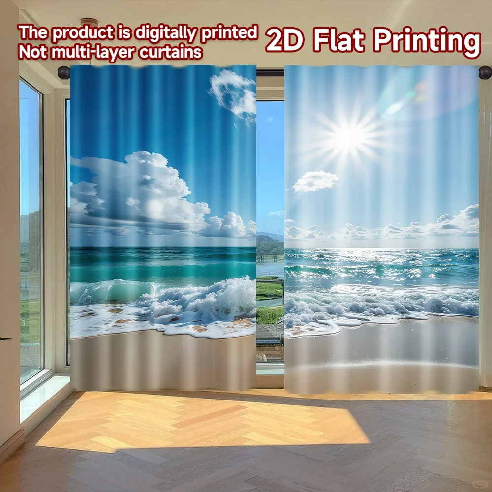 

2D flat printing 2pcs Curtains Sunny Day at Beach Digital Printed Polyester Drapes All Season Party & Holiday Decor Perfect for