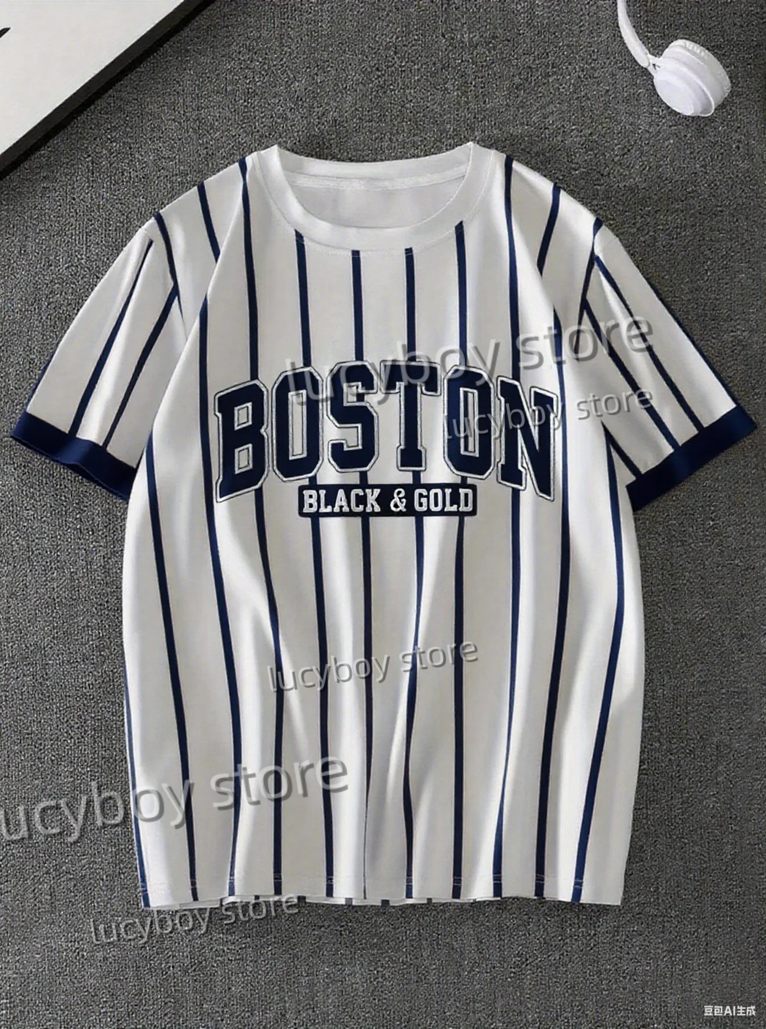 

2025 Summer Men Sports Daily Men's T-Shirt BOSTON Stripe Print 9 Colors Short-Sleeved Top Daily Street Men T-Shirt