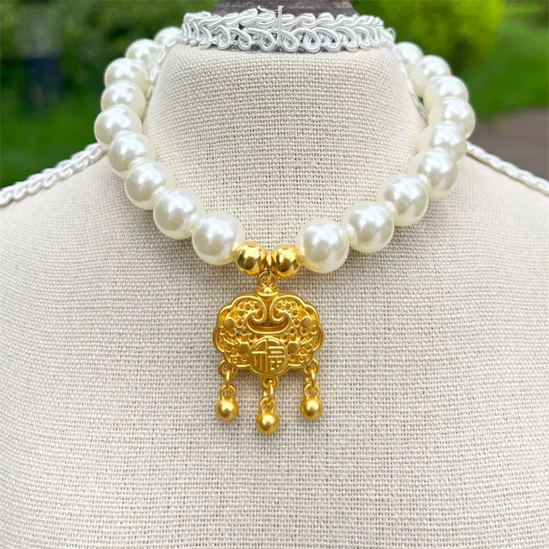 Fashion Decorative Dog Collar Pet Pearl Necklace with Five Blessings Wealth Happiness Longevity Pendant for Dog Cat Collars