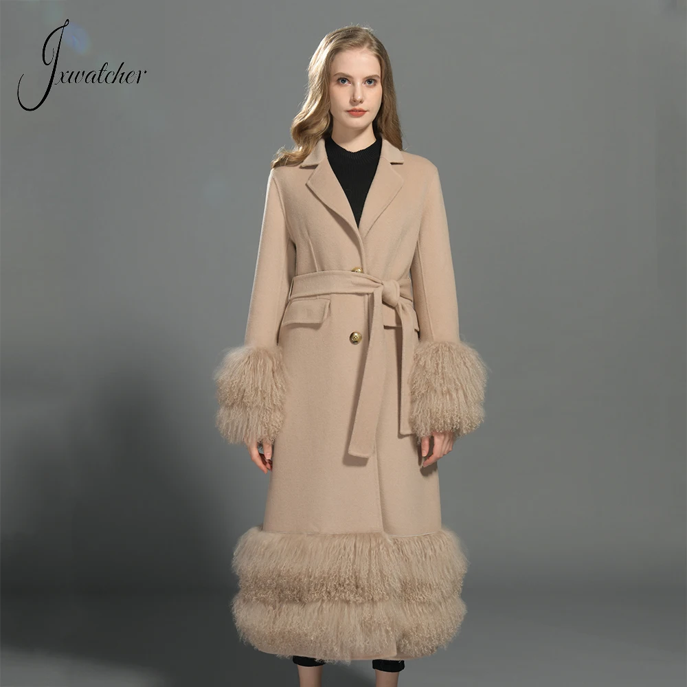 Jxwatcher Women's Wool Coat with Real Mongolian Sheep Fur Hem and Cuffs Ladies Long Style Elegant Double Face Cashmere Coats New