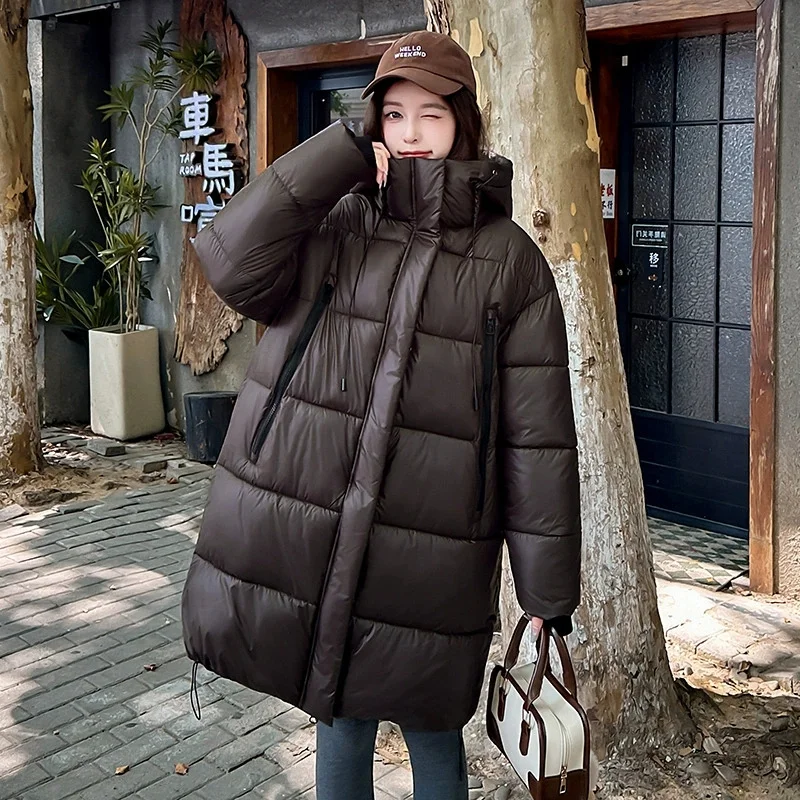 2025 ใหม่ผู้หญิงฤดูหนาวเสื้อกลางยาวHooded Parkaลงฝ้ายเบาะแจ็คเก็ตหญิงParkasสบายๆOutwearหิมะสวมเสื้อ
