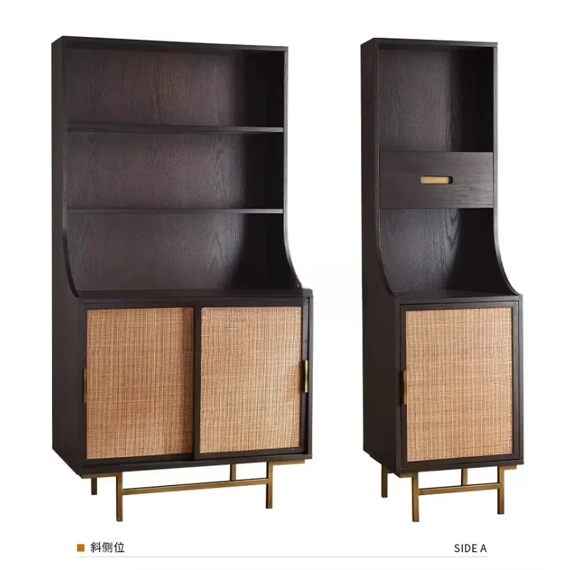 

Modern, vintage, solid wood oak rattan bookcase Nordic, storage display case