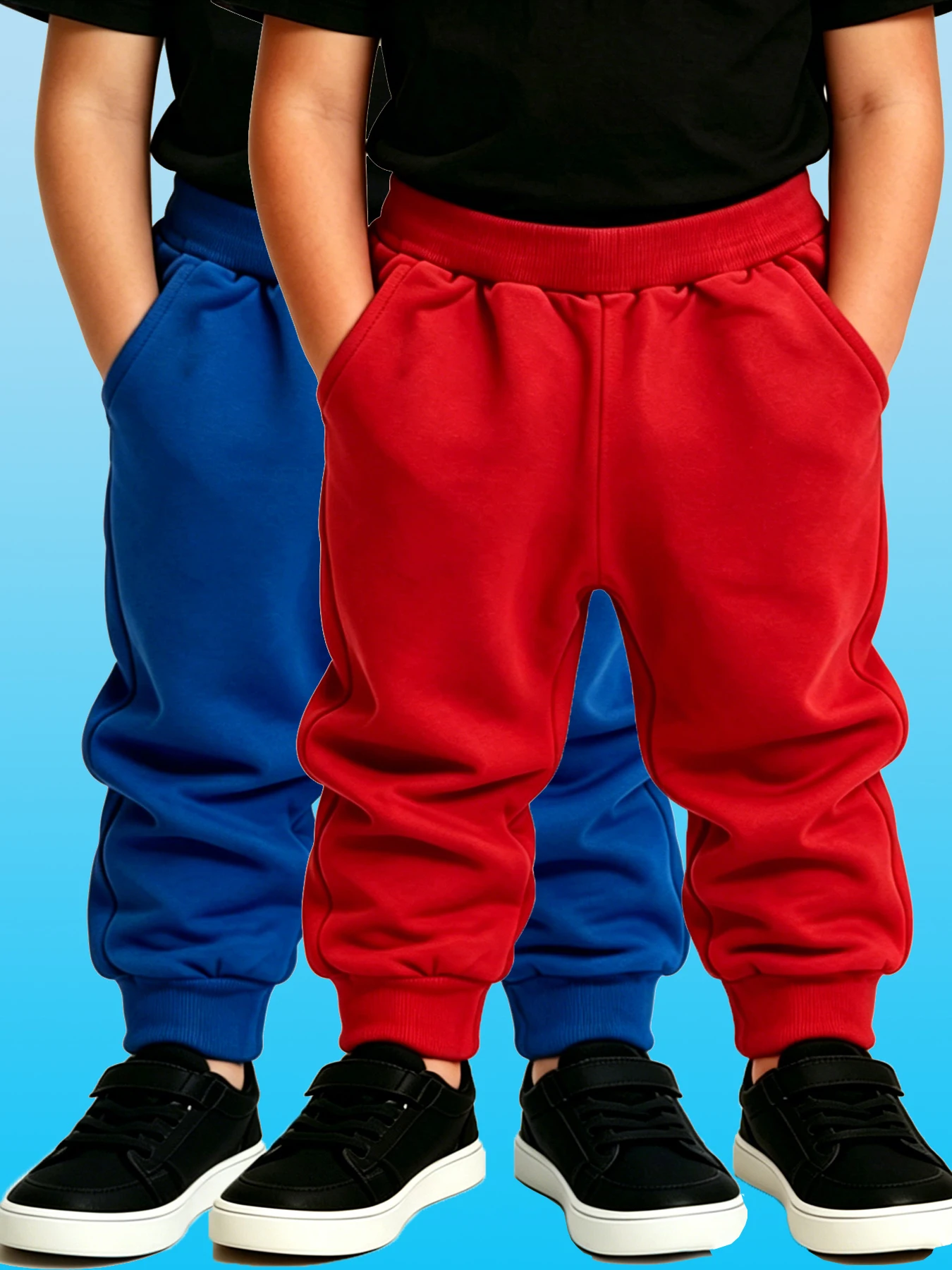 2PCS Kids Solid Sports Sweatpants Elastic Waist Jogger Pants Red + Blue Boys Girls Casual Trousers With Pockets Daily Wear Hot