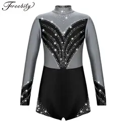 Kids Girls Ballet Dance Leotard Figure Skating Gymnastic Acrobatics Stage Performance Costume Long Sleeve Shiny Diamond Bodysuit